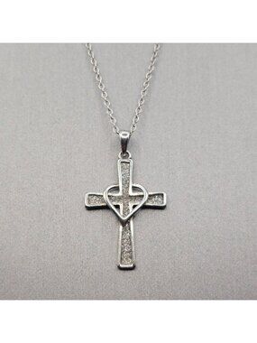 HAN Sterling Silver Crystal Encrusted Cross Pendant Necklace 18" Open Heart 925